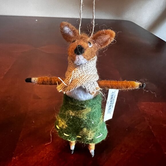 Gallerie II Felted Wool Fox Ornament Green Skirt & Scarf Rustic Woodland Style - Picture 1 of 6